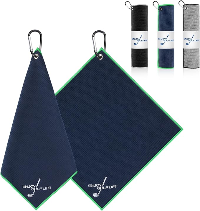 3 Pack Golf Towel(16" X 16"), Top-Tier Microfiber Super Absorbent Golf Towels for Golf Bags, Premium Waffle-Pattern Embroidered with Carabiner Clip, Golf Accessories (3 Classic Colours)
