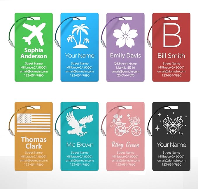 Personalized Metal Luggage Tags, Custom Suitcase Aluminum Name Tags with 5.9in Steel Ring, Laser Engraved Text and Logo, for Travel Gift, Baggage, Golf Bag (Golden)