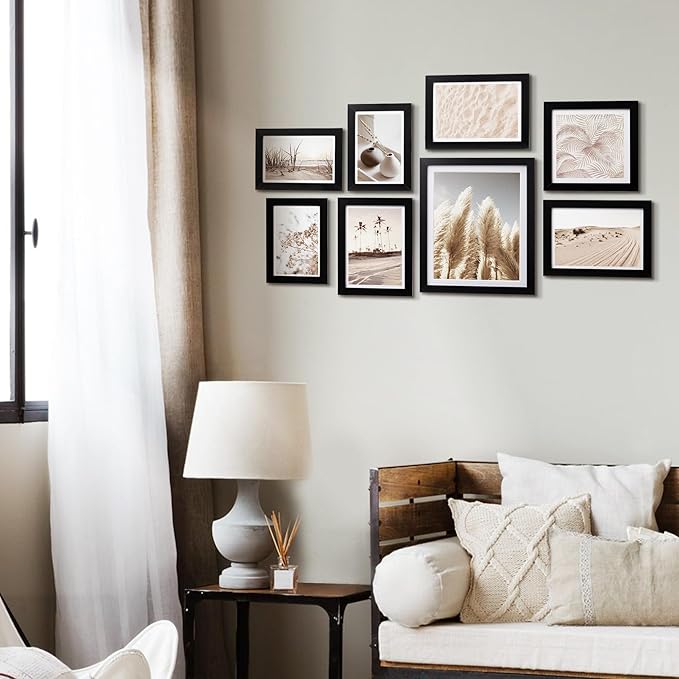 ArtbyHannah Gallery Wall Frame Set, 8 Pack Picture Frames Collage Wall Art Decor with Neutral Pampas Grass for Bedroom, Assorted Size Including 8"x10", 5"x7", 4"x6", 6"x6"(Black Frame,Small)