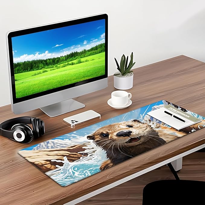 Otter Animal Gaming Mouse Pad, Desk Mat, Non-Slip Rubber Base Cool Aesthetic MousePads for Computer Laptop Keyboard Office School Home Desktop Accessories Decor 31.5" x 11.8"