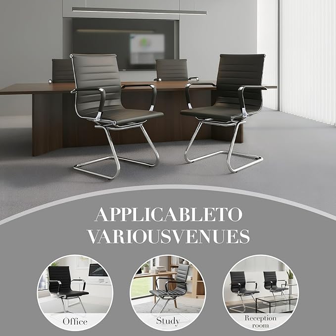 CIMOTA Waiting Room Chairs Leather Office Guest Chair Mid Back Reception Chairs with Sled Base for Meeting/Patient/Conference Room, Black Set of 8