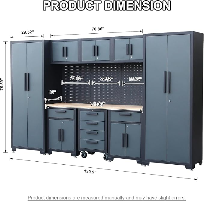 Garage Storage Cabinet System 9-Pcs Workshop Set Garage Cabinets and Storage System with Steel Drawers, Rolling Chest, Workbench, Pegboard for Tool Organization