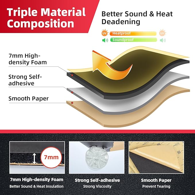 Sound Deadening Mat 1/4inch(7 mm) 6.54sqft - Closed Cell Foam Car Sound Deadening Material - Self-Adhesive Hood Insulation Heat Shield Auto Sound Dampening