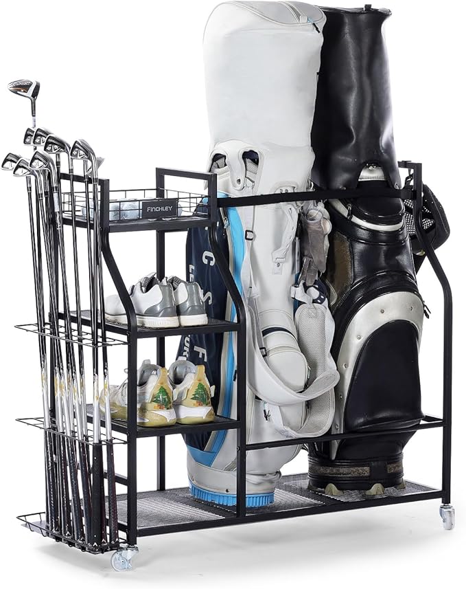 A11N SPORTS Golf Bag Stand for Garage with 4 Hooks & Club Holder, Golf Organizer for 2 Bags, Rolling Storage Rack with Wheels, Heavy-Duty All-Metal Frame