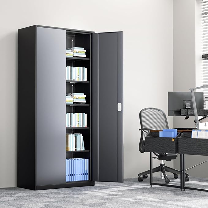 Athena Collection 71" Tall Metal Storage Cabinet with 2 Doors and 6 Ajustable Shelves, Garage Storage Cabinet for Files, Tools, Home Offcie, School, Garage, Pantry, Grey Black