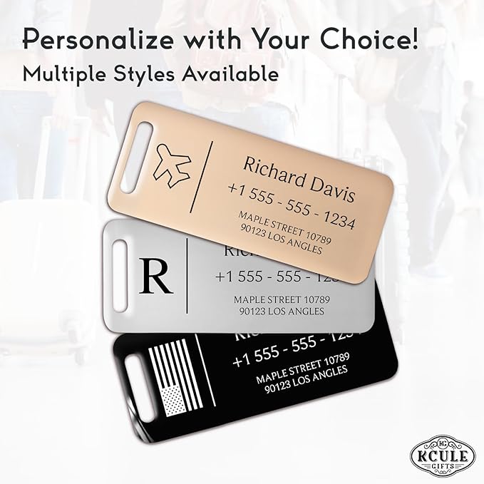 Personalized Luggage Tags for Suitcases 4 Pack - Stainless Steel Custom Luggage Tags for Backpacks & Bags, Sturdy, Waterproof & Heavy Duty (Black / 3" x 1.25")