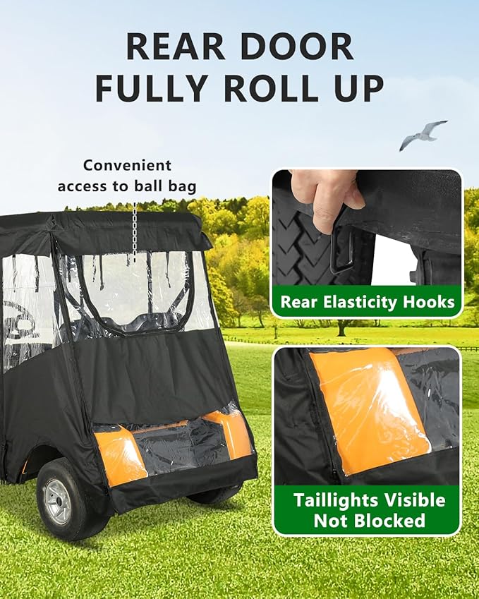 Golf Cart Enclosure 2 Passenger for Ezgo TXT,600D Waterproof Clear Rain Cover Driving Enclosure 2 Seater,Full Roll Up 3 Sided Transparent Windows&door with Heavy Duty Zipper,Side Mirrors Openings