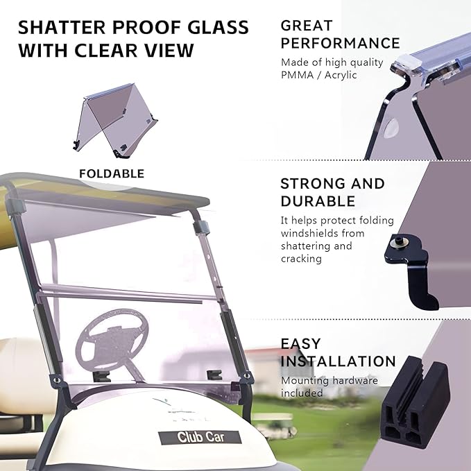Club Car Precedent Tempo Flip Flop Compact Golf Cart Windshield, Tinted Color, 3/16" Thickness, Fits Club Car Precedent Tempo 2004+