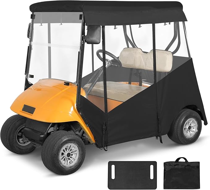 Golf Cart Enclosure 2 Passenger for Ezgo TXT,600D Waterproof Clear Rain Cover Driving Enclosure 2 Seater,Full Roll Up 3 Sided Transparent Windows&door with Heavy Duty Zipper,Side Mirrors Openings