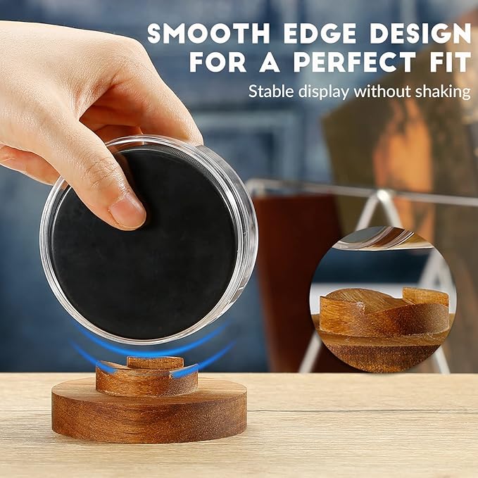 JupDec Hockey Puck Display Case Acrylic Clear Holder with Wood Base, Autograph Souvenir Display Stand, Perfect Showcase for Your Collection, Brown, 2 Pack