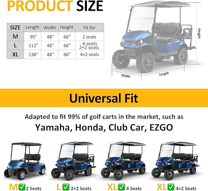 Falafa Golf Cart Cover 4 Passenger, Heavy Duty 420D Waterproof All Weather Protection, Universal Fit for EZGO Club Car Yamaha with Storage Bag & Reflective Strips