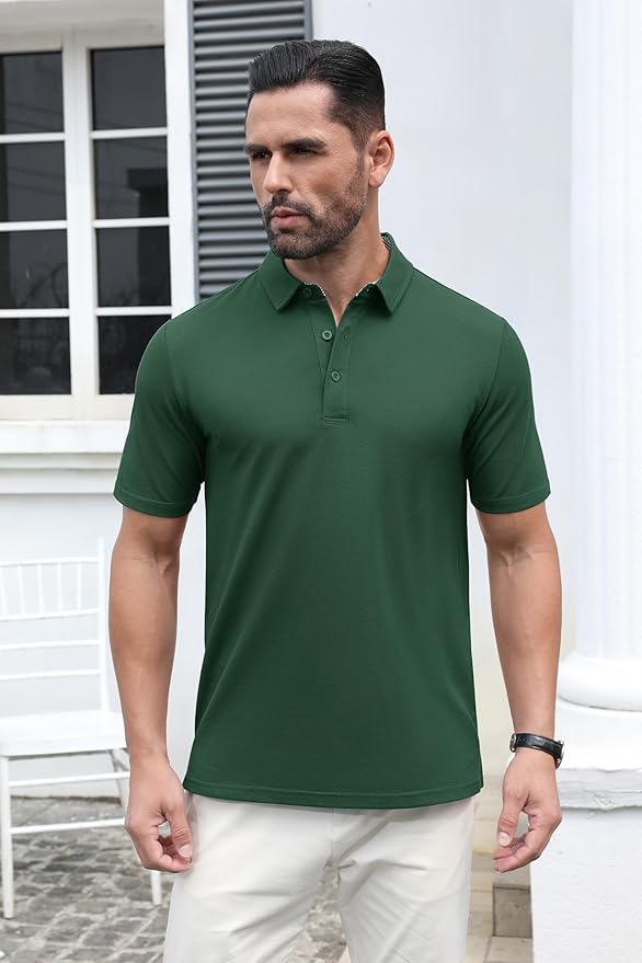 MAGCOMSEN Men's Polo Shirts Short Sleeve Cotton Pique 3 Button Classic Fit Casual T-Shirt Performance Golf Shirts
