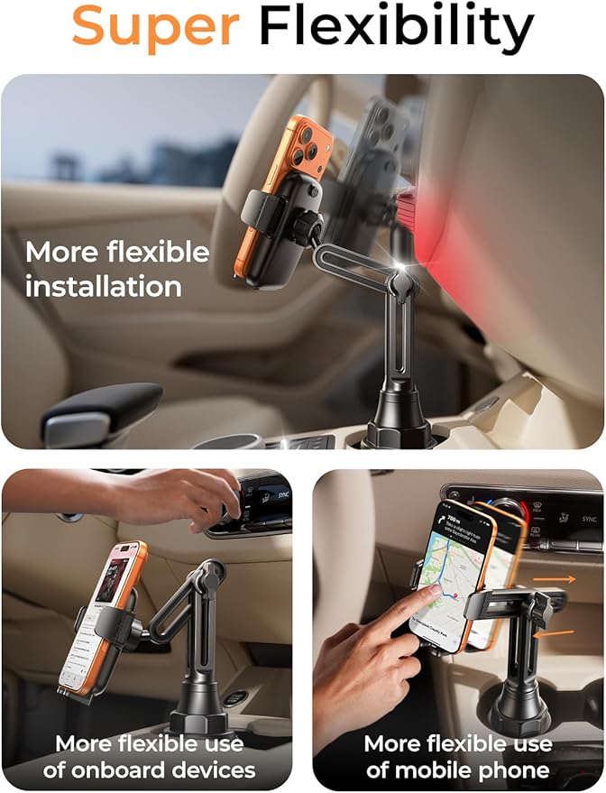 LISEN Upgraded Version Cup Holder Phone Holder 360° Adjustable Long Neck Car Phone Mount Golf Cart Phone Holder, Truck Jeep Accessories for iPhone 17 Air Pro Samsung Google and All 4-7'' Phone,Black