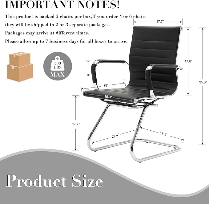 CIMOTA Waiting Room Chairs Leather Office Guest Chair Mid Back Reception Chairs with Sled Base for Meeting/Patient/Conference Room, Black Set of 2