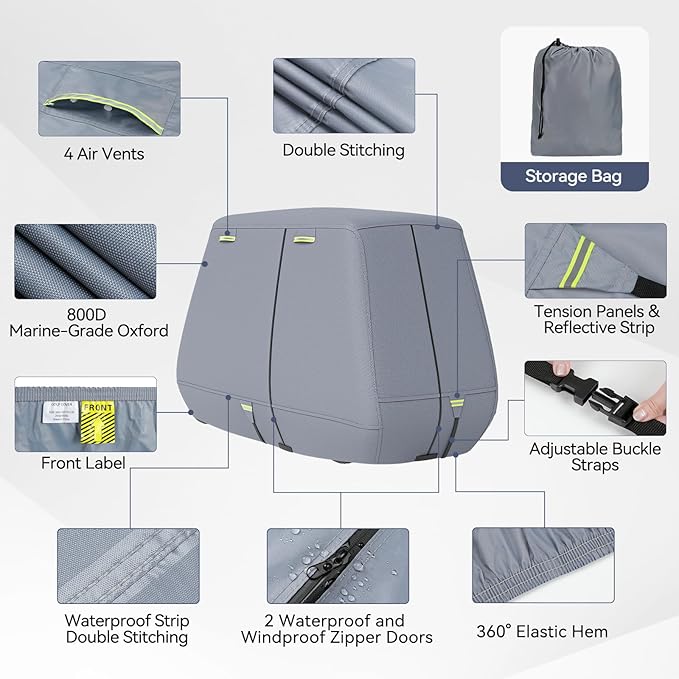 800D Waterproof Golf Cart Cover 2/4/6 Passenger, Heavy Duty Solution-Dyed Polyester UPF 50+, Universal Fits for EZ GO Yamaha Club Car (Gray, Fit for 2 Passenger Cart)