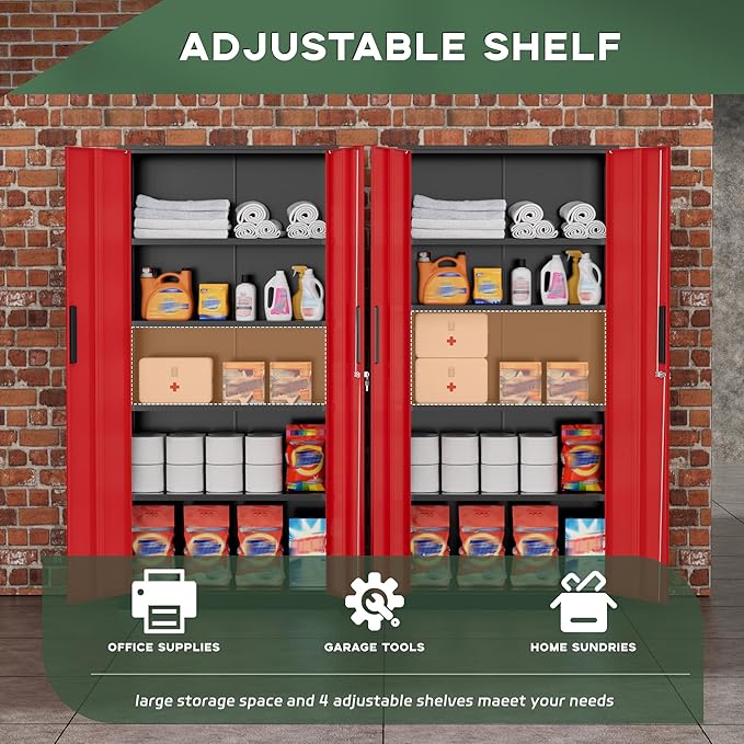 Greenvelly Metal Garage Storage Cabinet, 72" Black Red Tool Steel Locking Cabinet with Doors and 4 Shelves, Tall Cabinets for Garage Storage Systems Lockable File Cabinet for Home Office,Garage