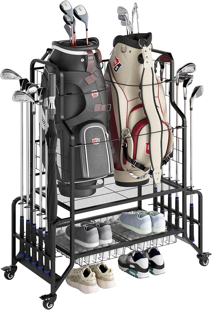 2 Golf Bag Storage Organizer Stand for Garage Heavy Duty Metal Golf Bags Storage Rack with Wheels Wave Club Holder 2 Drawers & Shoe Rack for Home Basement Shed