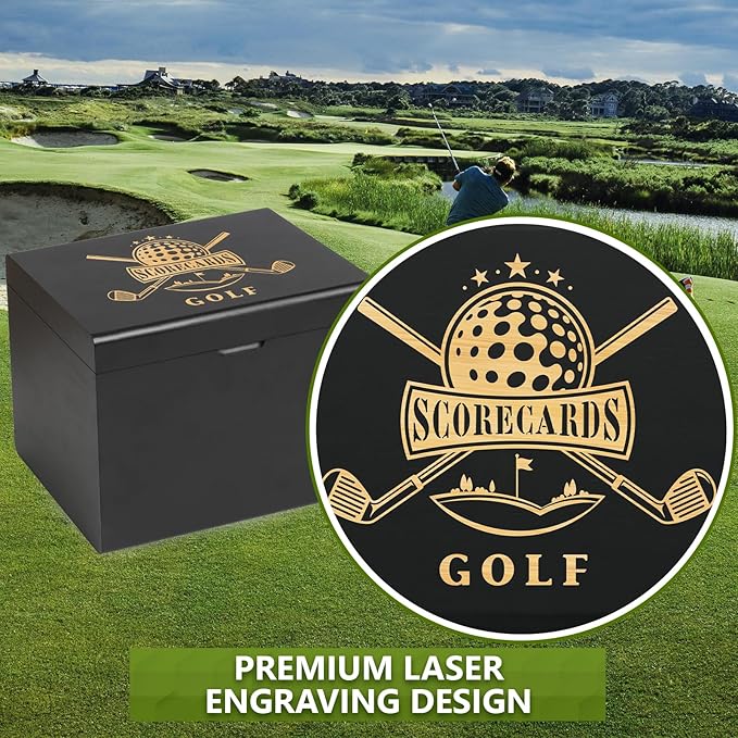 Golf Storage Box Golf Gifts - Golf Scorecard Collection Box with 5 Wooden Dividers - Golf Organizer for Scorecards, Photos, Keepsakes; Fathers Day Dad Gifts for Men from Wife (Black)