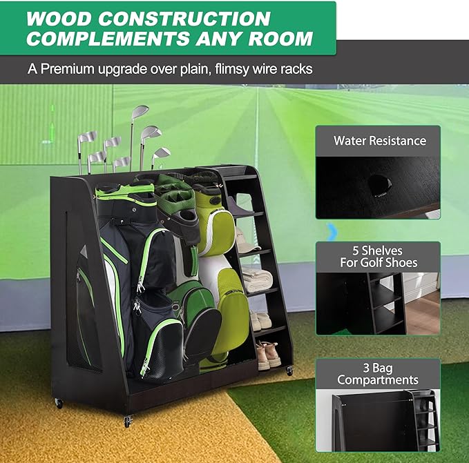 Wooden Golf Bag Organizer and Storage Rack, Accommodate Golf Bags and Golf Clubs/Hockey Sticks, Golf Balls, Inside and Outside The Garage shed Basement