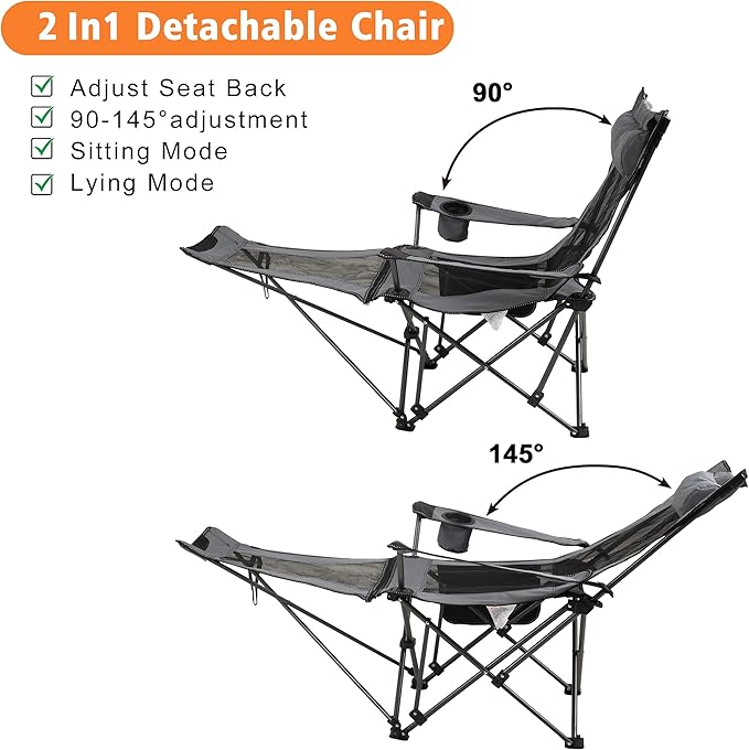 LEADALLWAY Camping Folding Chair with Foot Rest, Collapsible Camp Chair with Cup Holder and Removable Storage Bag, Heavy Duty Beach Chair for Outdoor Camp, Picnic, Travel, Fishing