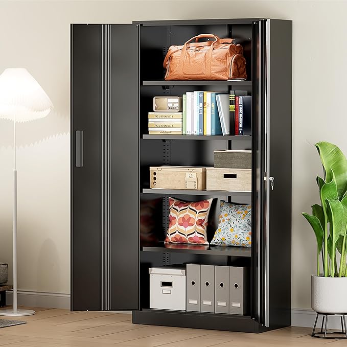Greenvelly Metal Storage Cabinet, 72" Black Locking Metal Cabinet with 2 Doors and 4 Adjustable Shelves, Lockable Garage Storage Cabinets for Home Office, Garage, Kitchen, Living Room