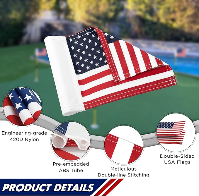KINGTOP USA Golf Flag 8x6 Inch – Premium Dual-layer 420D Nylon, Double Sided American Pattern Printing, Tube Inserted – Mini Practice Putting Green Flags for Yard, 6-Pack