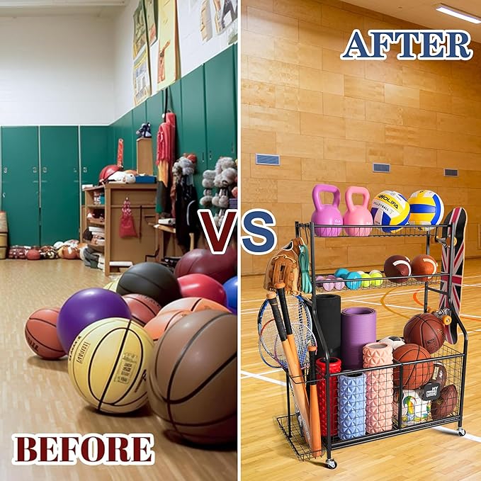 Mythinglogic Sports Equipment Garage Organizer,Garage Ball Storage for Sports Gear and Toys, Rolling Ball Cart with Wheels for Indoor/Outdoor Use