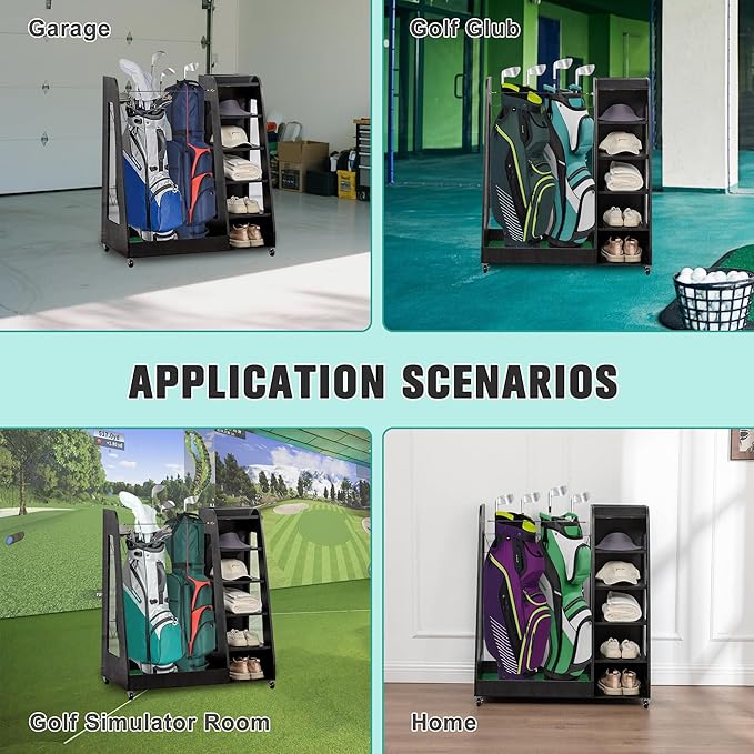 Wooden Golf Bag Organizer for Garage with Drawers, 2 Golf Bag Holder with Club Holders On Side for Car Garage Club Shed Basement, Gray