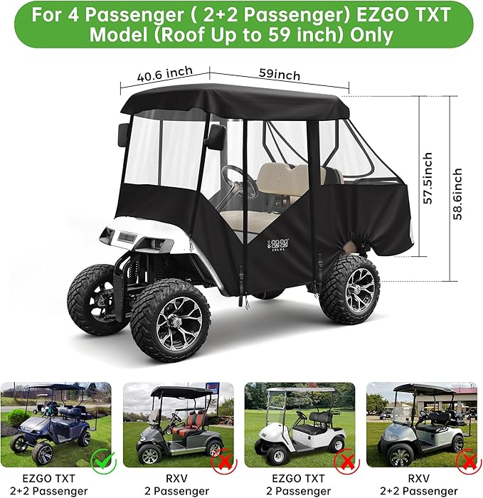 10L0L 2/4 Passenger Golf Cart Driving Enclosure for EZGO TXT/RXV Model, 4-Sided Clear Window 600D Rain Cover All Weather Windproof Waterproof - Black/Beige