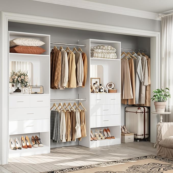 Unikito Closet Systems, 6-14FT Walk in Closet Organizer with 8 Drawers and Mirror, 168" Large Wood Closets Insert with Tower, Sturdy Wardrobe Closets Garment Rack with Extendable Hanging Rods, White
