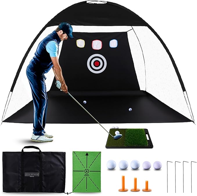 Golf Practice Net with Dual Mats, 3 Tees & 5 Balls – Golf Training Net for Indoor/Outdoor Swing Practice, Backyard Driving & Chipping Set, Portable Training Aid, Great Gift for Men