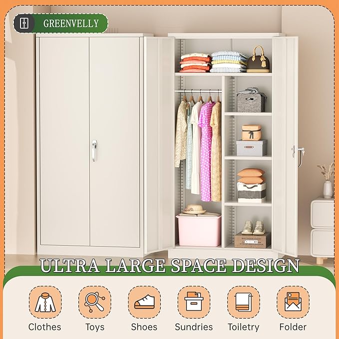 Greenvelly Metal Wardrobe Cabinet with Lock Door, 72" Metal Wardrobe Closet with Hanging Rods and Adjustable Shelves, Clothing Storage Closet Cabinet for Home, Office, Employee, Gym (Grey)