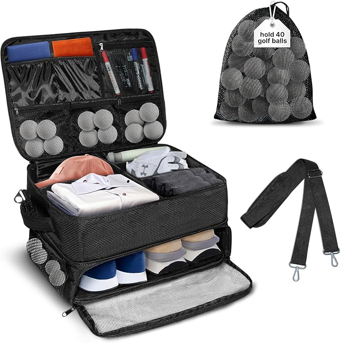 LIWSHWZ 3 Layer Golf Trunk Organizer,Golf Gifts for Men with Separate Mesh Bag for Golf Balls,Large Capacity-40 Golf Balls,2 Pairs of Golf Shoes, Gloves, Clothes, Golf Gift for Men Women