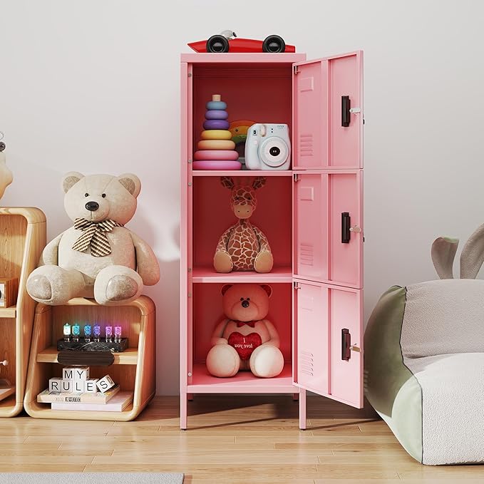 Aobabo Metal Locker, 16" W 3 Door Metal Storage Lockers for Employees with Lock and Name Card Holder for School, Home, Office, Playroom, Assembly Required, Pink