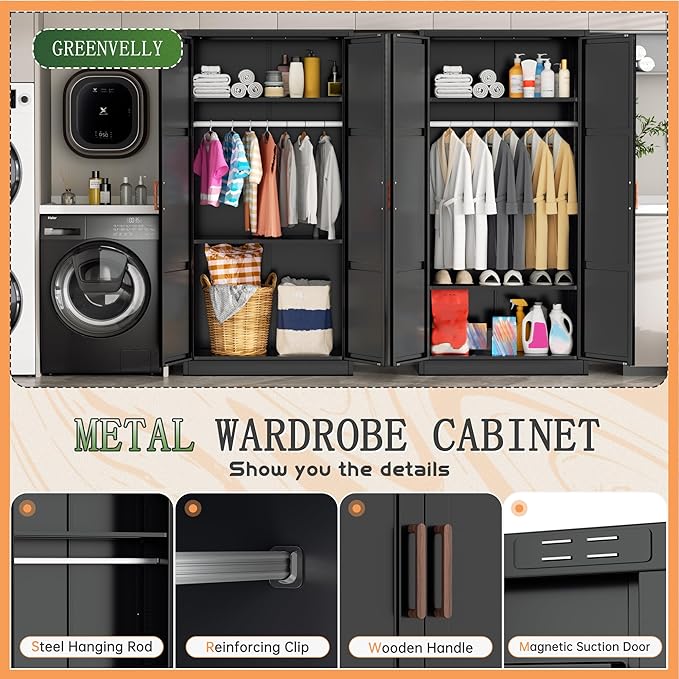 Greenvelly Metal Wardrobe Cabinet with Wooden Handle, 72" Black Metal Wardrobe Closet with Hanging Rods and Adjustable Shelves, Clothing Storage Closet Cabinet for Bedroom, Cloak Room, Laundry Room