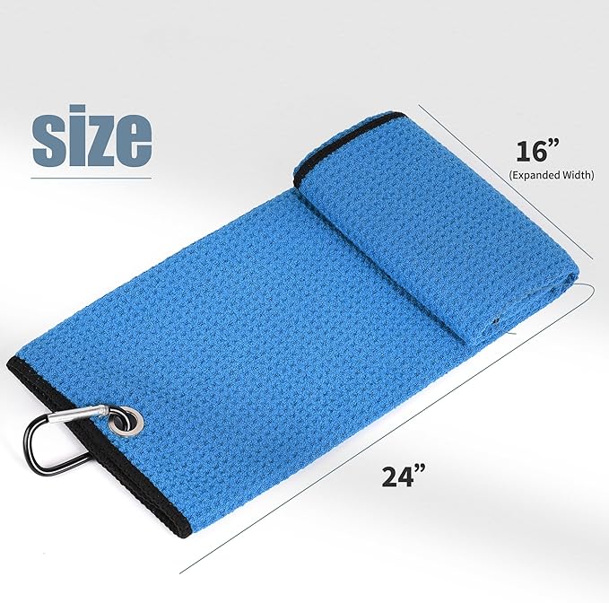 Mile High Life Tri-fold Golf Towel | 16" X 24" | Premium Microfiber Fabric | Waffle Pattern | with Heavy Duty Carabiner Clip | for Men and Women (Blue)