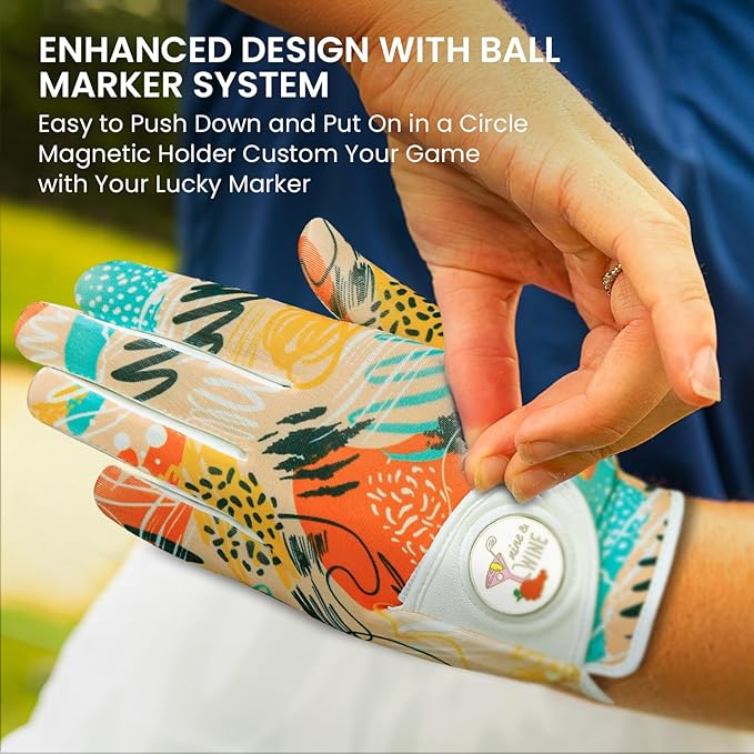 Golf Gloves Women with Ball Marker 2 Pack, Right Handed Golfer Left Hand, Ladies Breathable Soft All Weather Grip Glove Fit Size Small Medium Large XL