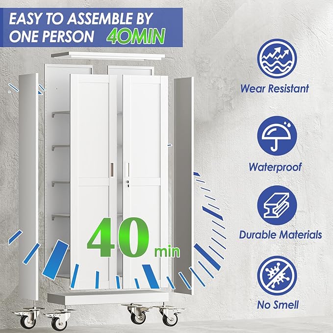 71" Tall Metal Garage Storage Cabinet with Wheels and Locking Doors and Tall Rolling Steel Tool Cabinet with 4 Adjustable Shelves for Garage,Home,Office,Shop (White)