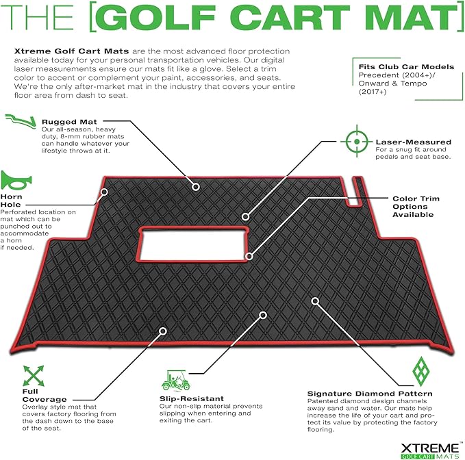 Xtreme Mats Club Car Compatible Golf Cart Mat, Full Coverage Rubber Floor Liner - Fits Club Car Models Precedent (2004-2025)/Onward & Tempo (2017-2025)/Villager & V4L (2019-2024) - Beige Trim