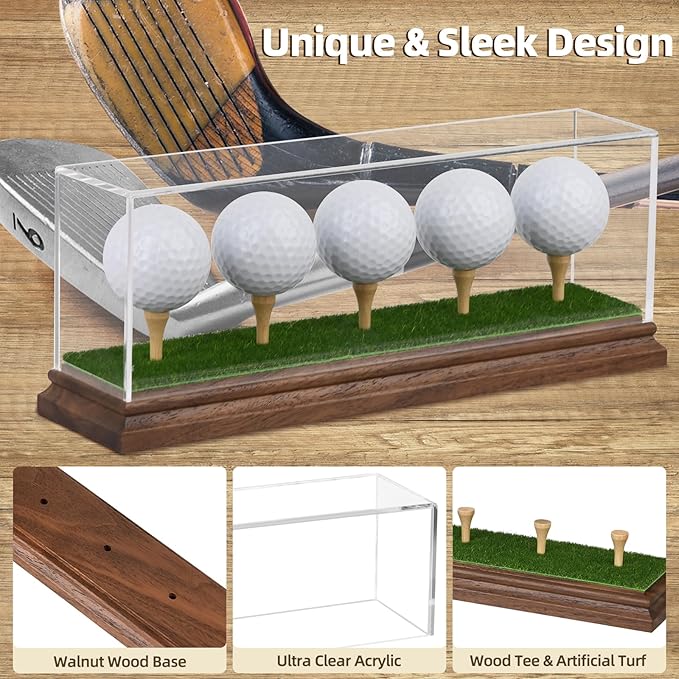 Hole in One Golf Ball Display Case Golf Ball Display Case Holder for 5 Golf Balls Wanult Wood Base Acrylic Golf Ball Holder Stand Lifelike Turf Wood Tee Memorabilia Showcase Cube Box Stand Gift Decor