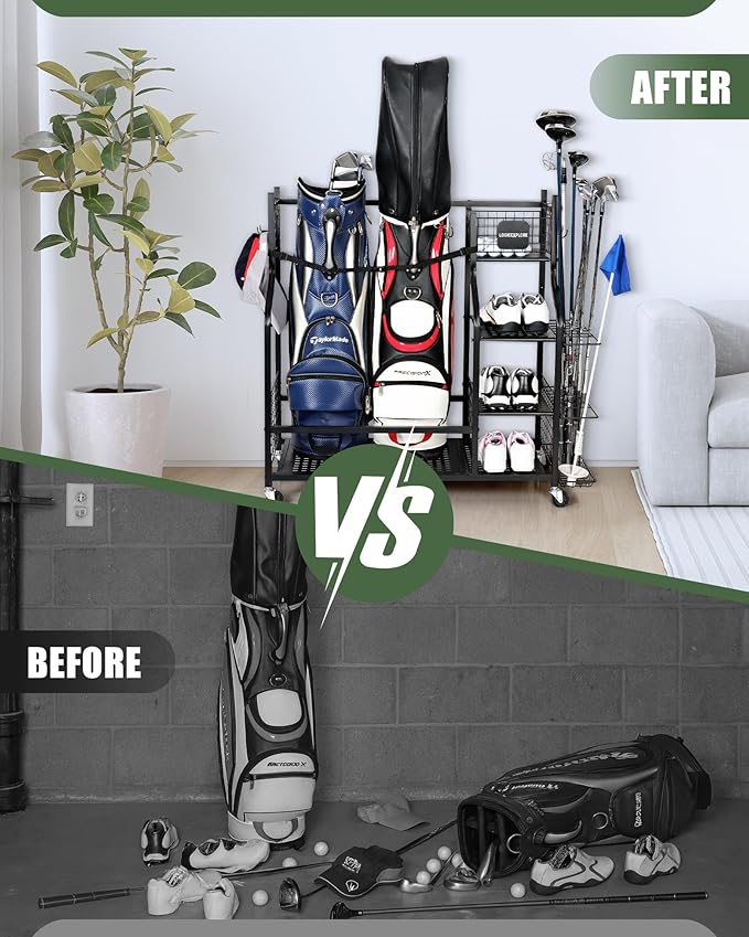 Golf Bag Storage Organizer Rack for Garage, Golf Bag Stand with Rolling Wheels, Heavy-Duty Metal Golf Equipment Organizer for Home, Garage, Clubhouse