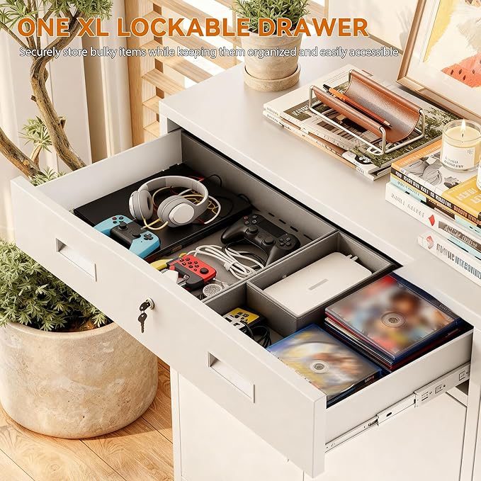BESFUR Metal Storage Cabinet with Lockable Drawer and 2 Lockable Doors, 36"H White Metal Cabinet with Adjustable Shelf, Locking Storage Cabinet for Home Office, Garage,School, Warehouse, Utility Room