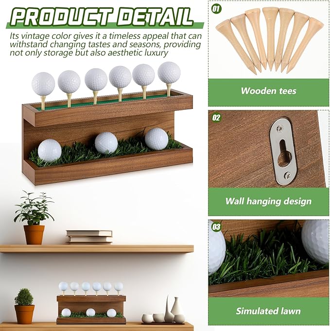 Menkxi Rustic Wood Golf Ball Holder 12.5 x 3 Inch Wall Mounted Vintage Display Stand Floating Shelf with Golf Tees for Christmas Storage Party Decor Supplies