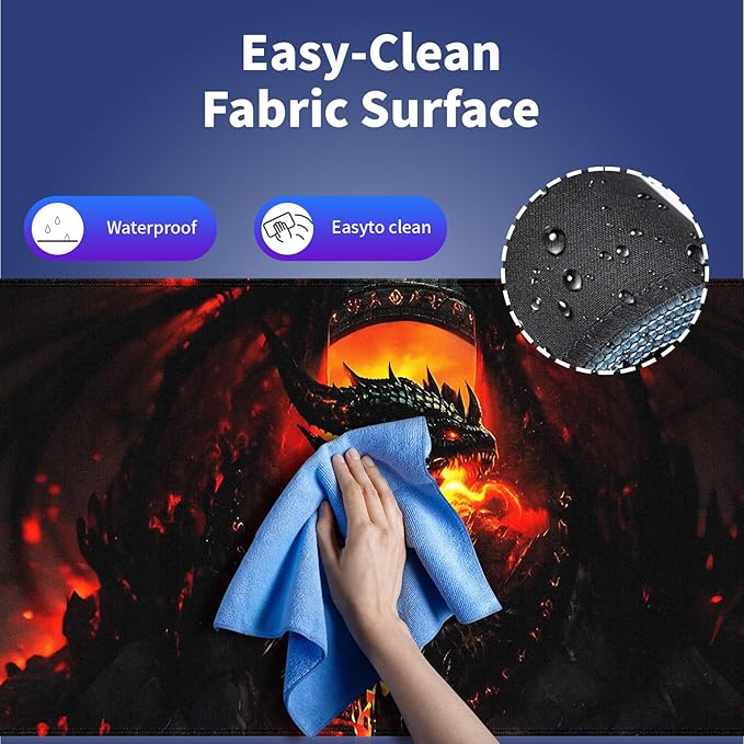 Extended XXL Gaming Mouse Pad with Stitched Edges for PC Home & Office 31.5 x 11.8 inches - Abstract Dragon of Flames and Shadows Design, Smooth Fabric Surface Anti-Slip Rubber Base Large Desk Mat