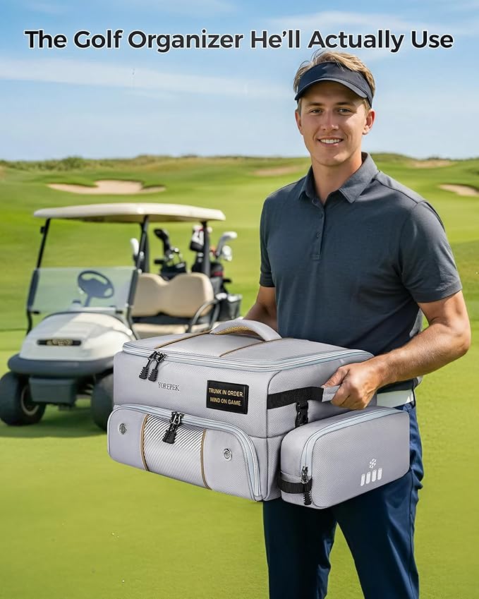 YOREPEK Upgraded Golf Trunk Organizer, Christmas Gifts for Golfers, with Removable Insulated Pouch&Dust-Proof Protective Layer, Multi-Compartment fits 2 Pairs of Shoes, Golf Accessories