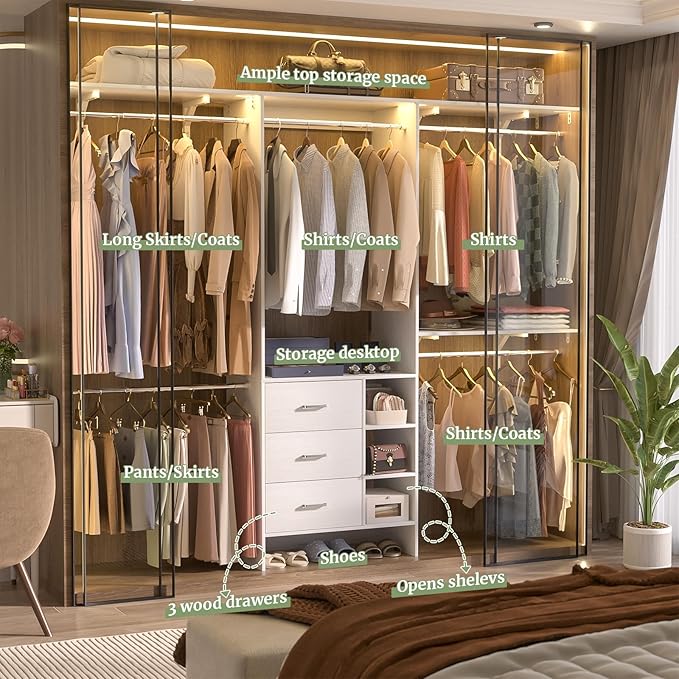 Aheaplus Closet System, Closet Organizer with 3 Wooden Drawers, 8FT Closet Organizer System, 96’’ Walk-in Closet Wardrobe Clothes Rack with Hanging Rods, Garment Rack, Fits 5.3-9 ft, -W3,White