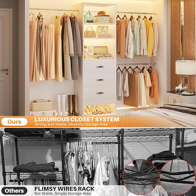 Homieasy 96 Inches Closet Organizer System, 8FT Customizable Walk In Closet Organizer with Hanging Rods, 3 Drawers Garment Rack with Leather Handle , 96" L x 16" W x 75" H, Max Load 1000 LBS, White