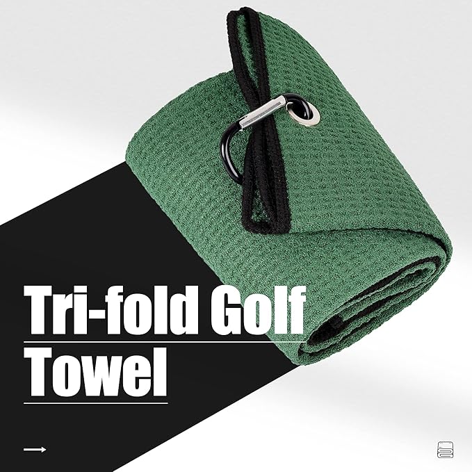 Mile High Life Tri-fold Golf Towel | 16" X 24" | Premium Microfiber Fabric | Waffle Pattern | with Heavy Duty Carabiner Clip | for Men and Women (2 Pack Green)