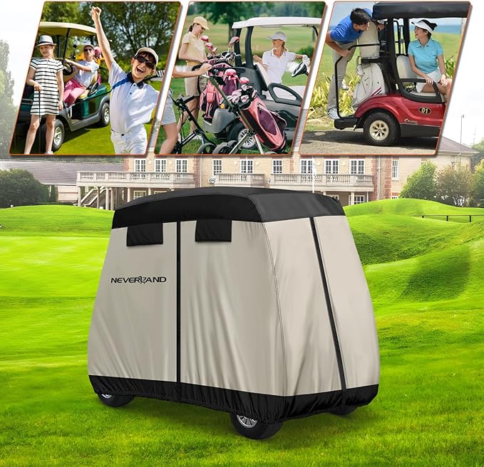 NEVERLAND Golf Cart Cover 2 Passenger - Outdoor Waterprood Golf Cart Covers, 420D Club Car Golf Cart Covers With Air Vent&Zipper Compatible with EZGO Yamaha Club Car 2 Seat (Up to 95 Inch)Black+Brown