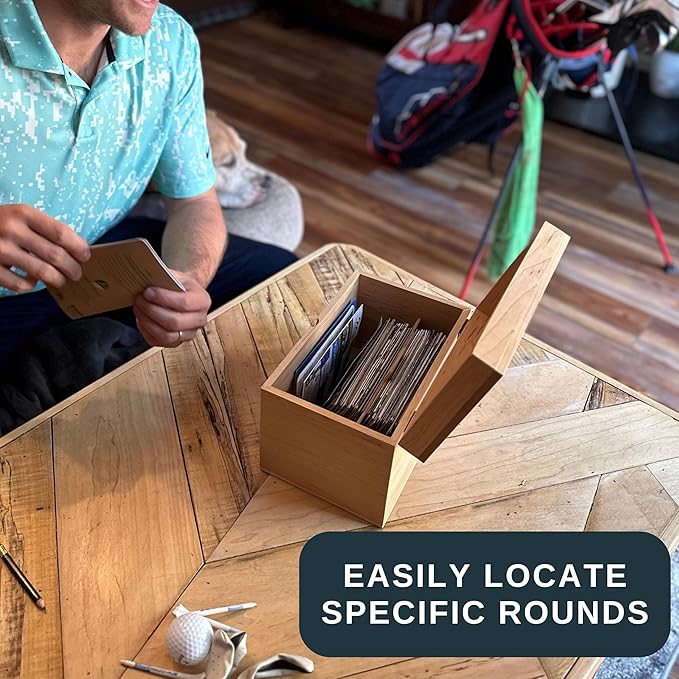 Golf Scorecard Collection Box - Holds Scorecards, Photos, Keepsakes, Yardage Books | Golf Storage Box with 5 Dividers to Organize and Display Golf Score Cards and Accessories Perfect Unique Golf Gift